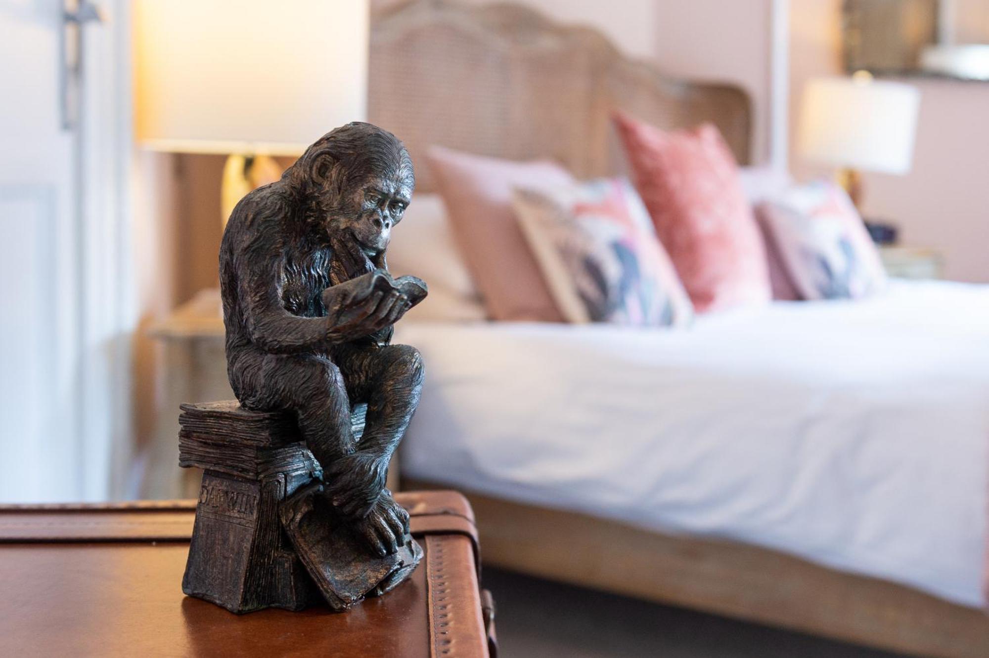 슈루즈버리 다윈스 타운하우스 B&B 객실 사진 A sculpture of a monkey sitting on a suitcase